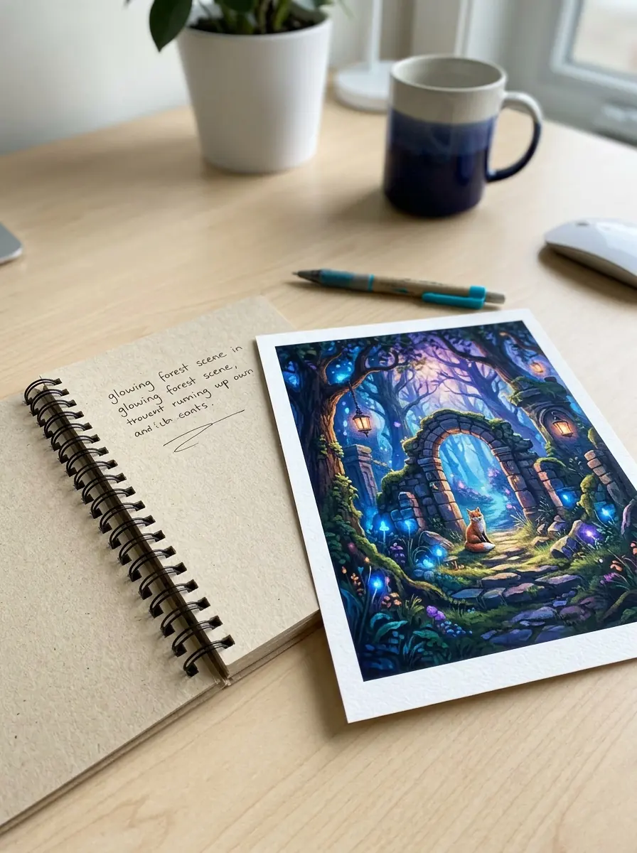 Finished AI artwork printed beside a handwritten prompt on a desk