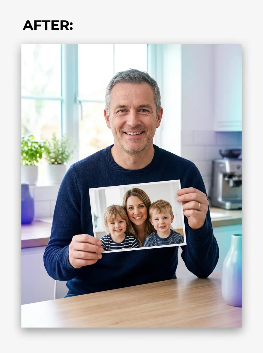 Sharper enlarged family photo held in a kitchen