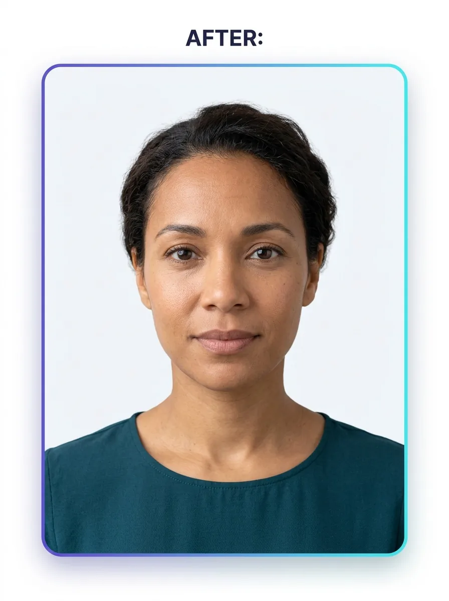 Clean passport style photo on a white background