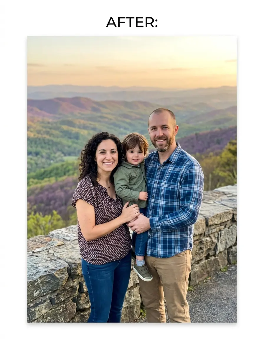 Sharpened family photo with clearer detail and natural color