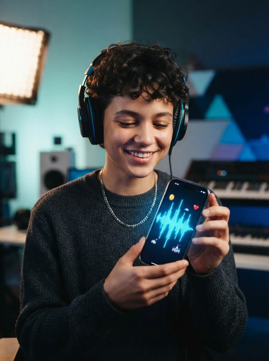 Creator on smartphone listening to a newly made 8-bit music track