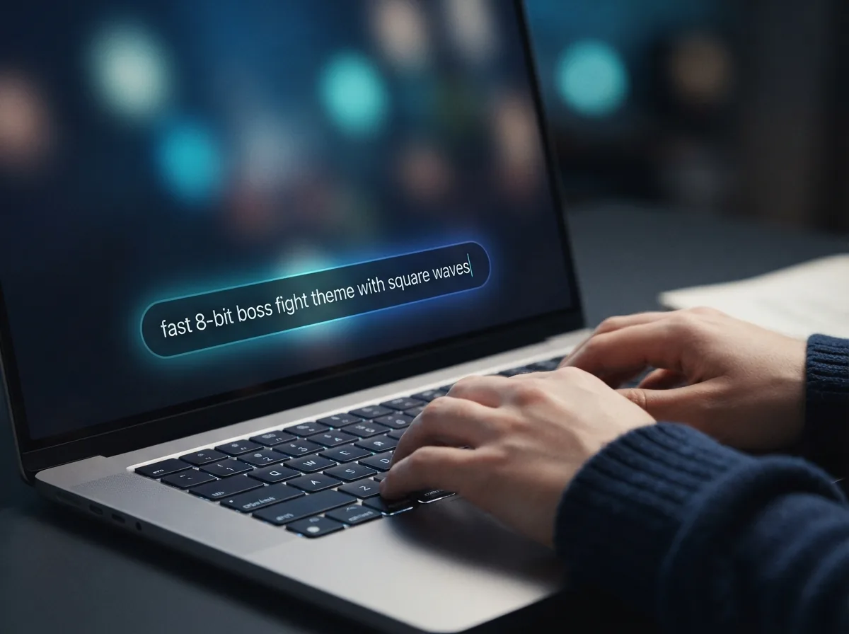 Indie game developer typing a prompt into the retro music tool on her laptop