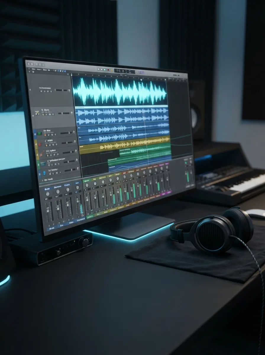 Finished song production dashboard displaying audio waveforms and music tracks for a new band