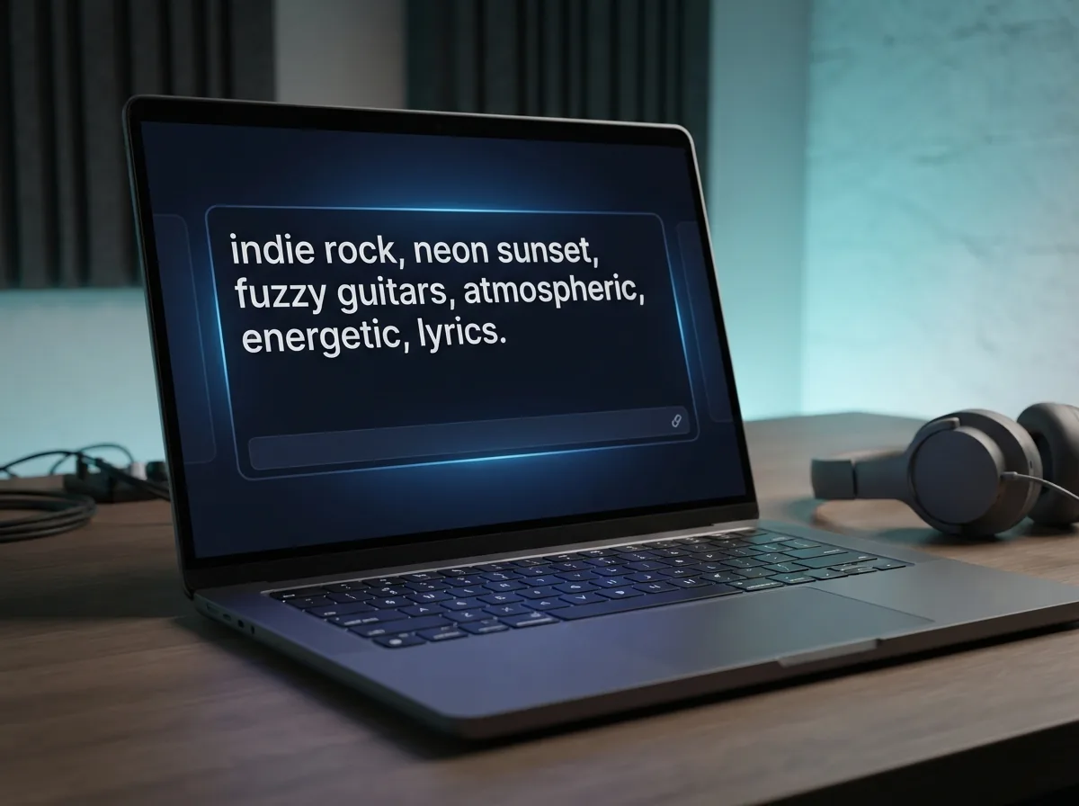 Musician typing genre keywords and creative ideas on a laptop