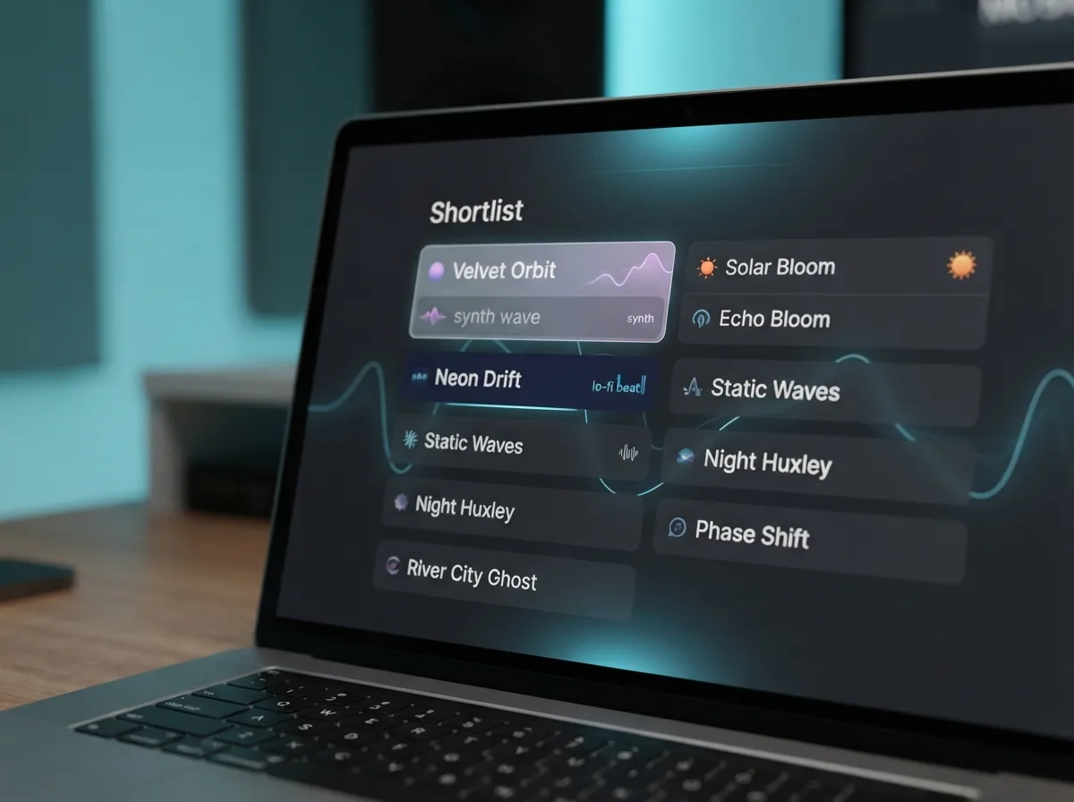 Indie musician reviewing and selecting candidate band names on a laptop screen