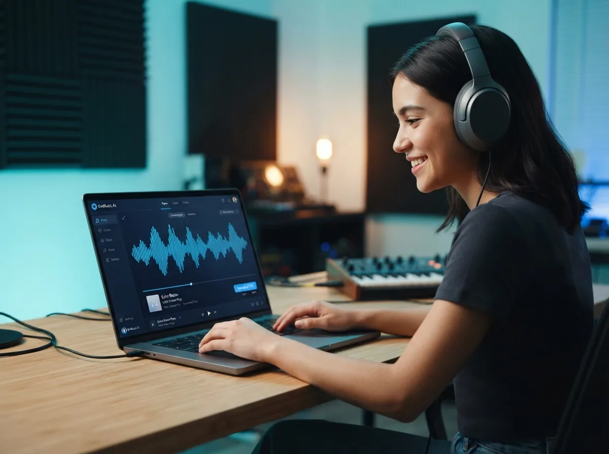Musician listening to a finished song with waveform visuals and downloading the MP3