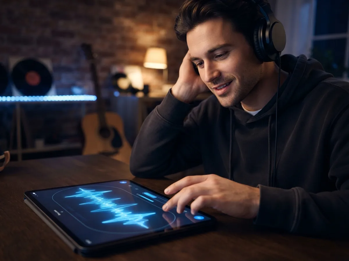 A musician brainstorming band name concepts on a laptop in a dimly lit studio setting