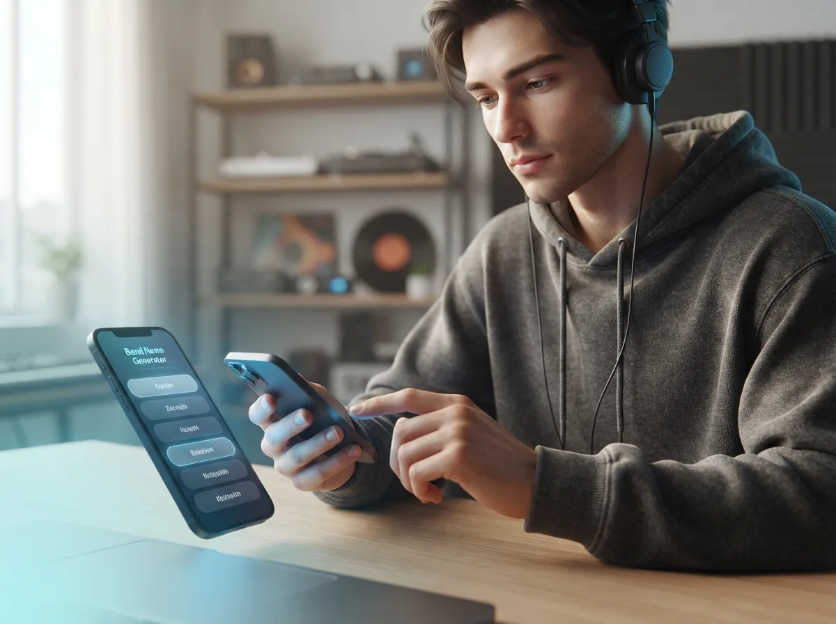 A creator in headphones producing energetic rock music on a computer in a modern home studio