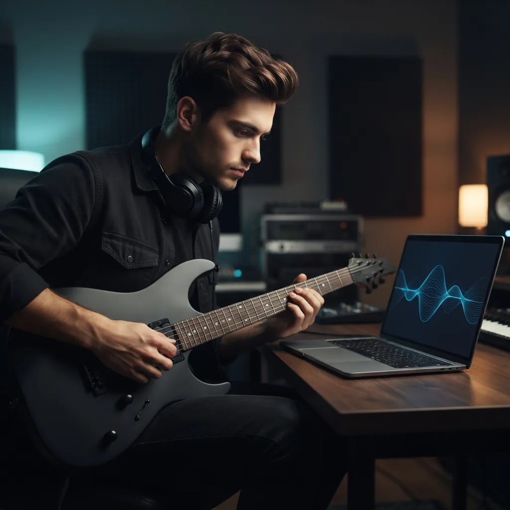 Guitarist brainstorming band names on a laptop in a home music studio