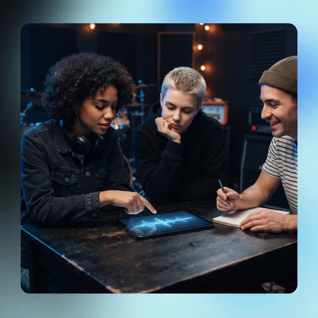 Musicians collaborating on group identity around a tablet in a rehearsal space