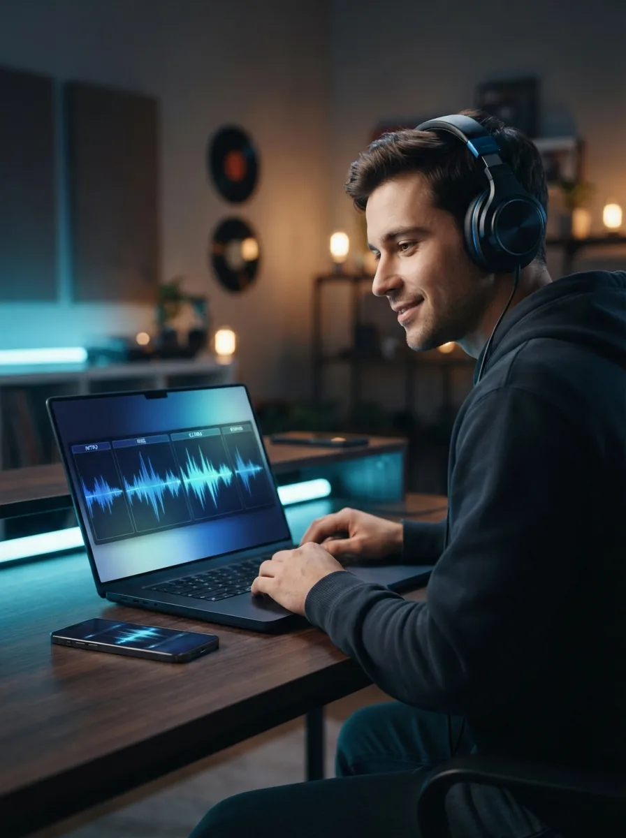 Person creating finished cinematic music on a laptop with glowing waveform interface