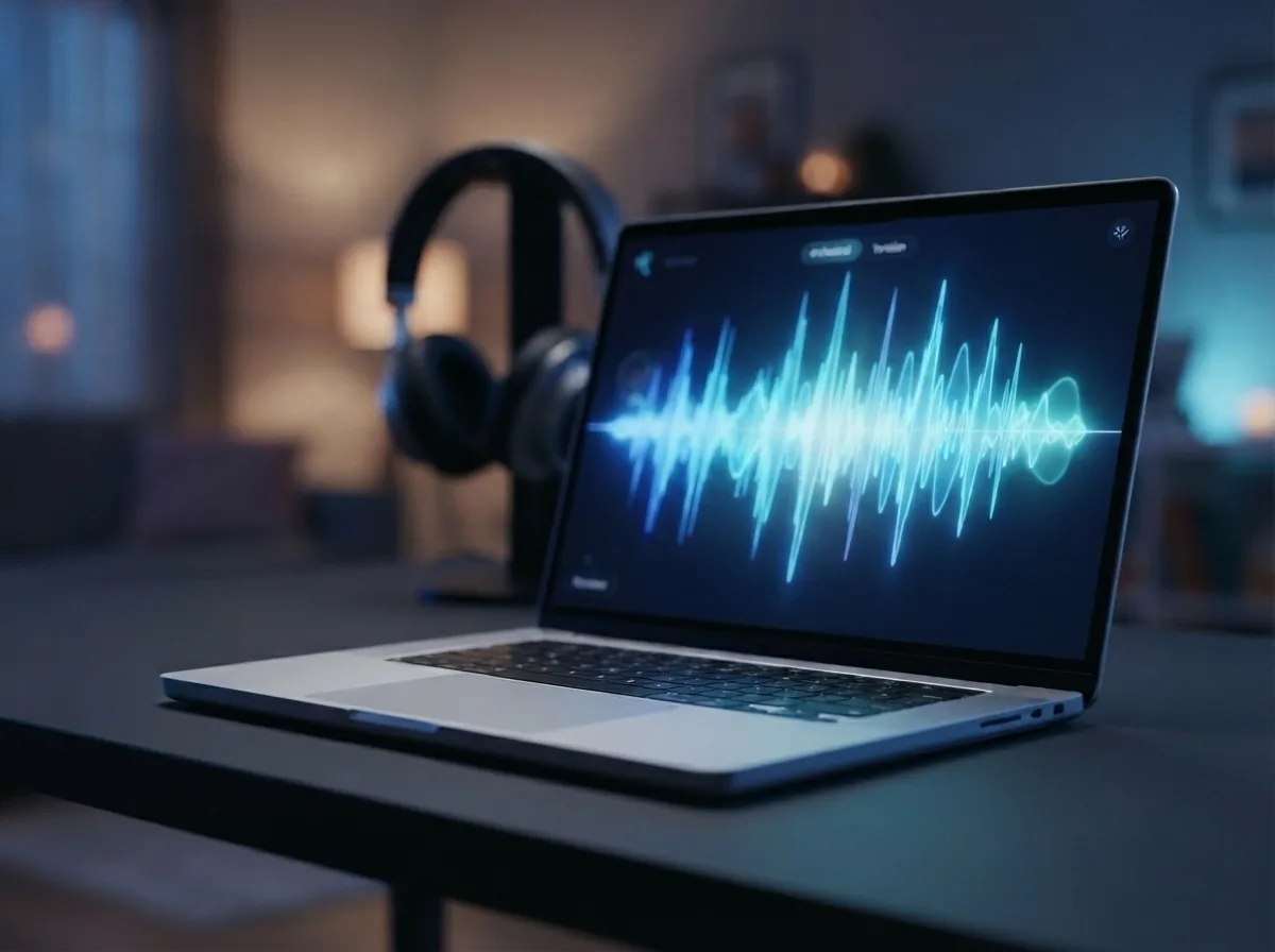 Maya selecting mood, genre, and length settings for cinematic music on her laptop