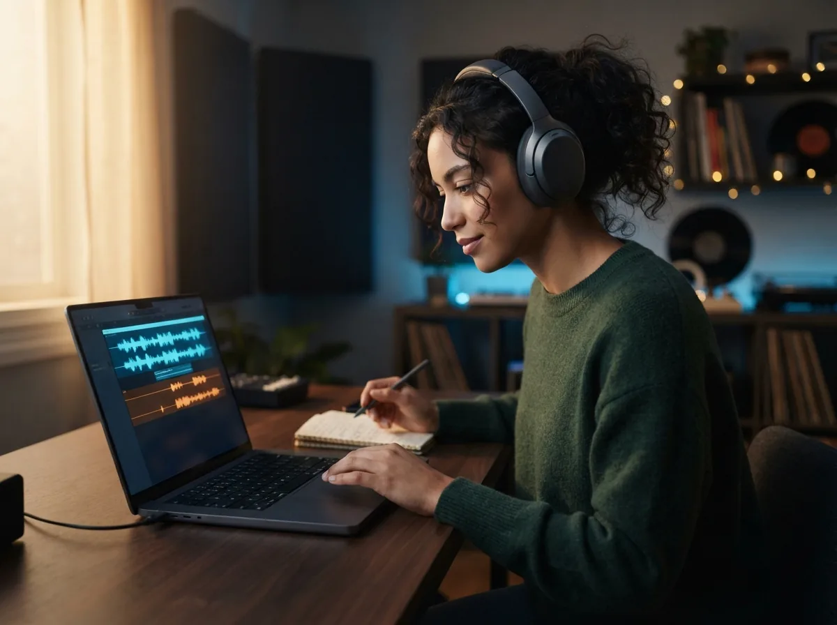 Person exploring different cinematic music styles on a laptop