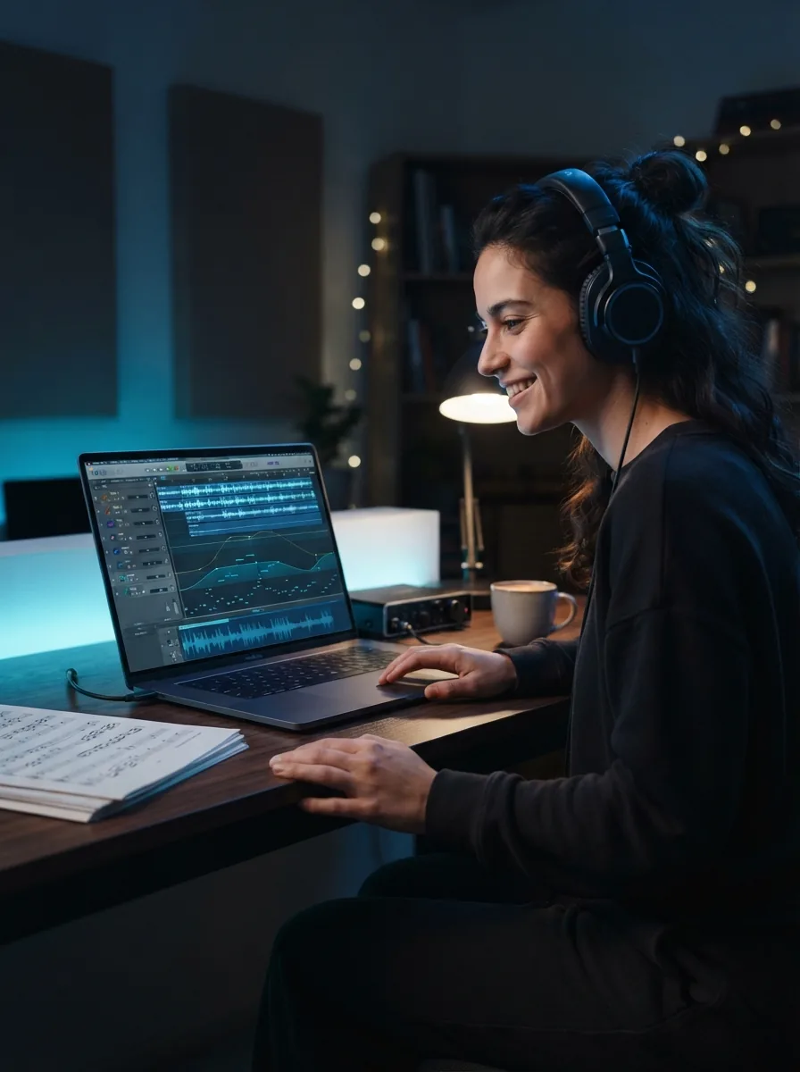 Person creating a finished classical music piece on a laptop