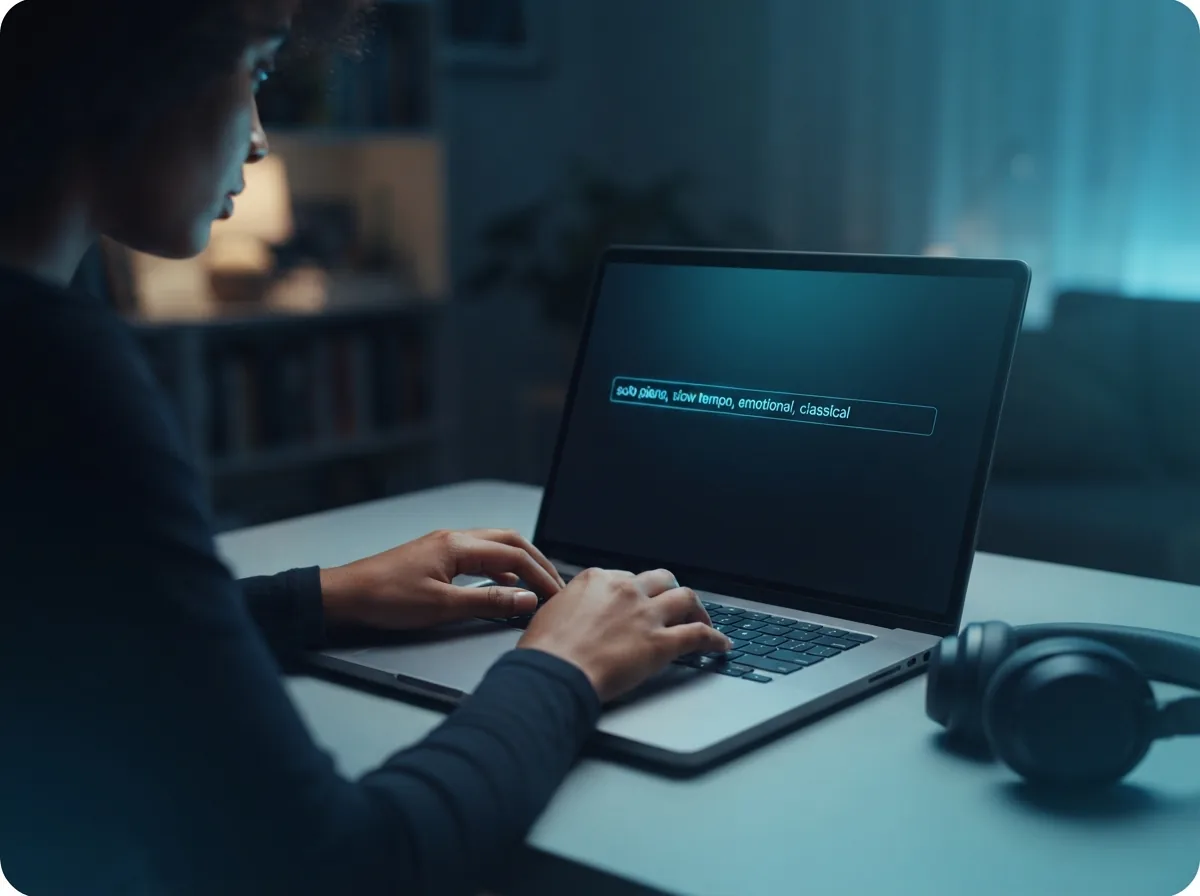 Maya typing a classical music prompt on her laptop