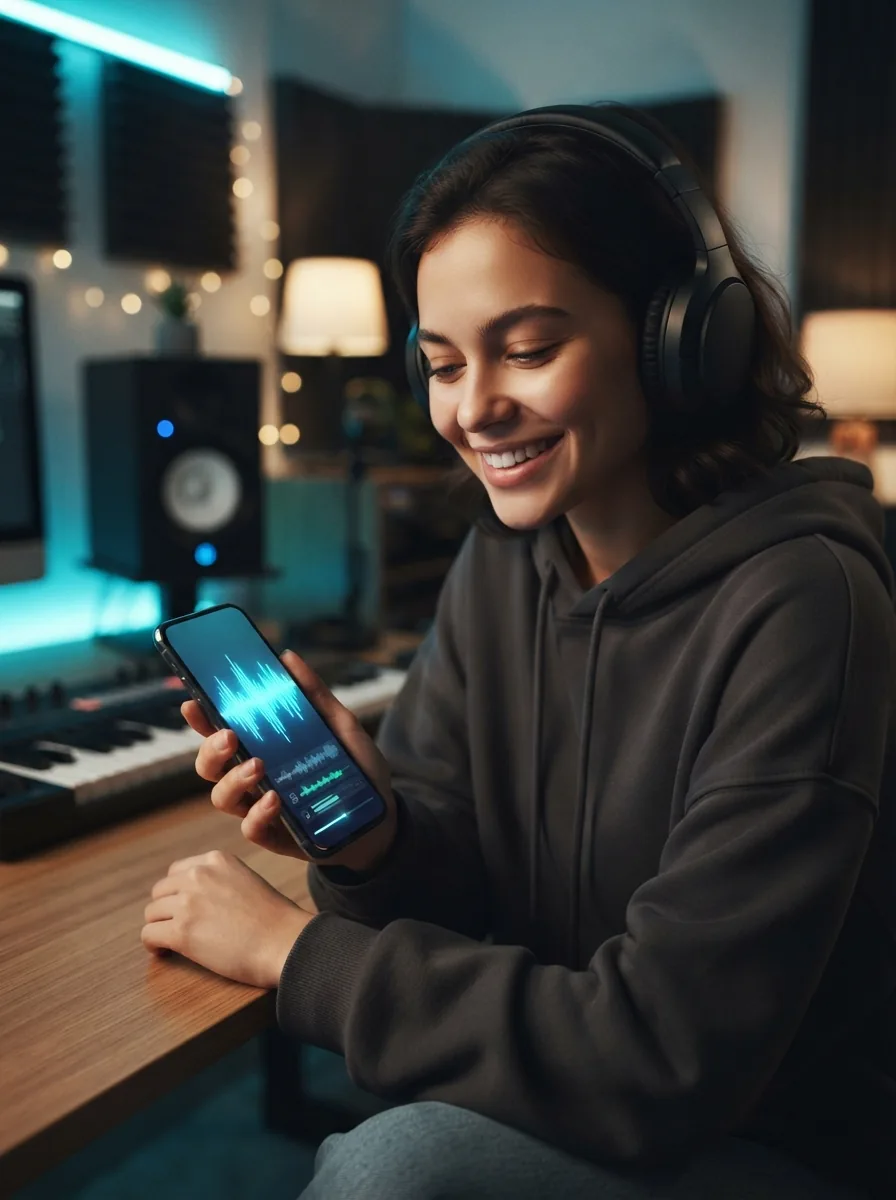 Person finishing a polished song on a laptop with glowing blue music interface