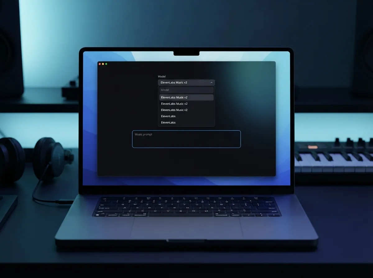 Maya opening Elevenlabs Music v2 on a laptop in a dim bedroom studio