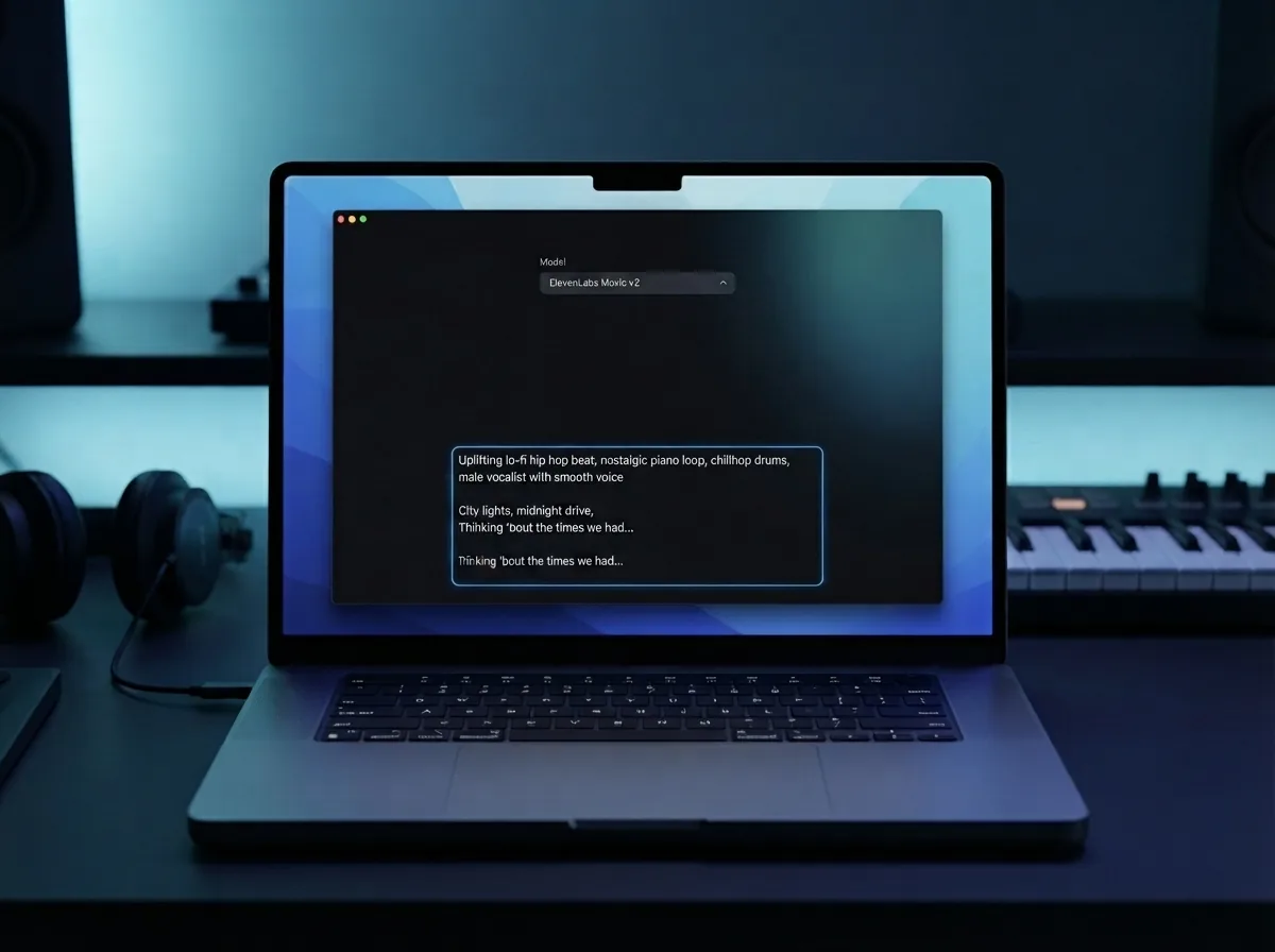 Maya typing a music prompt and lyrics into Elevenlabs Music v2 on her laptop