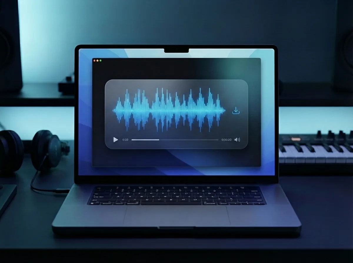 Maya downloading a finished song made with Elevenlabs Music v2 on her laptop