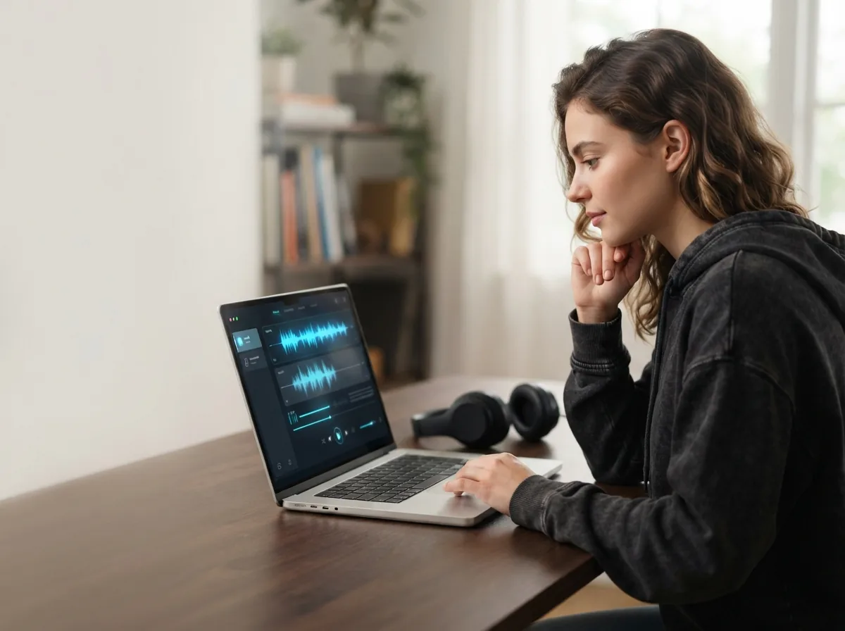 Person making vocal music on a laptop with blue waveform interface