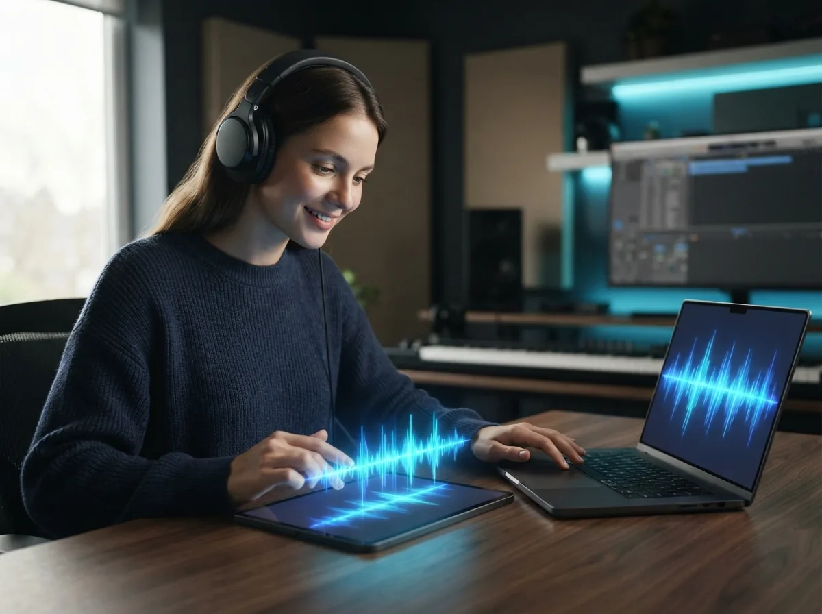 Person reviewing polished multilingual vocal music on a laptop with headphones