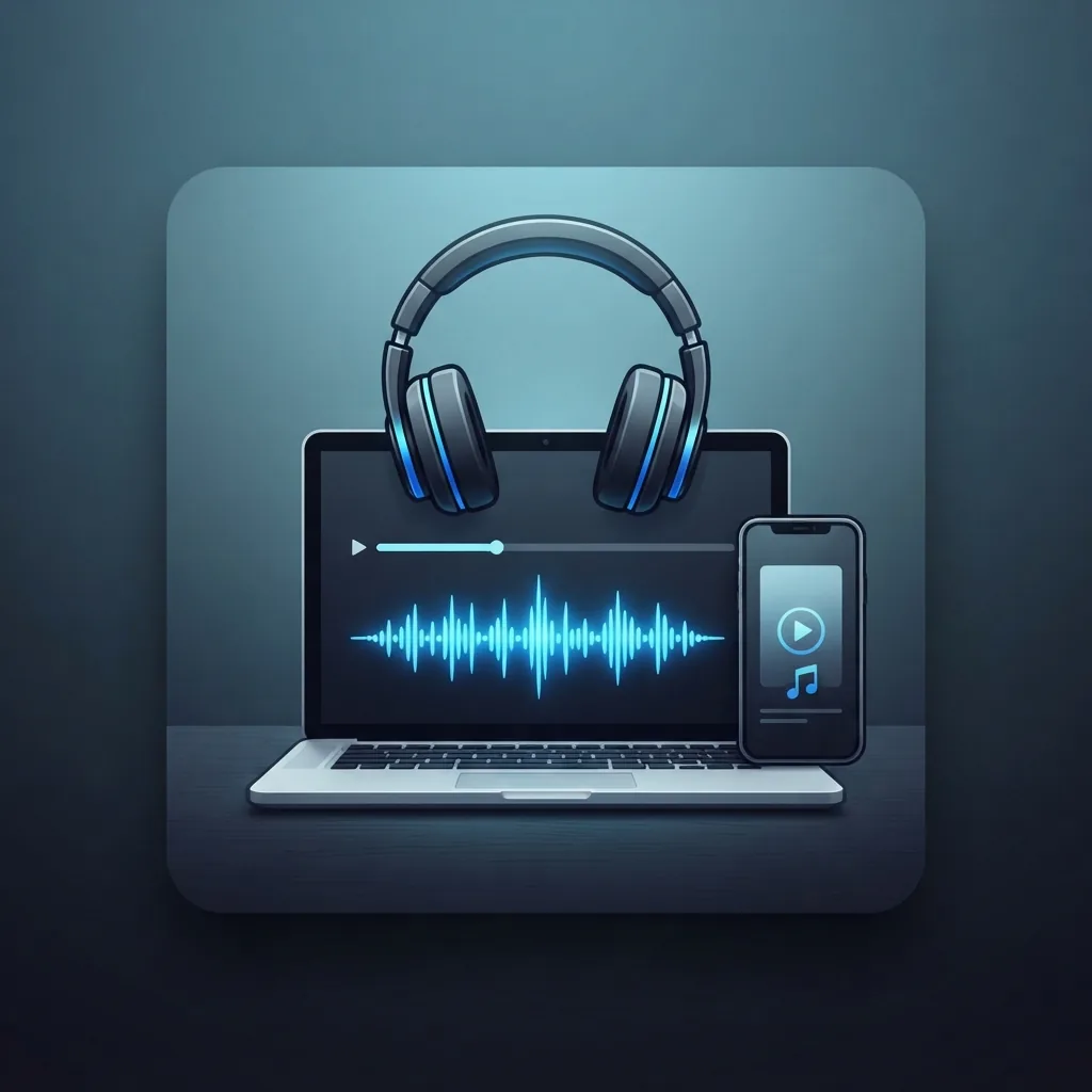 Content creator adding licensed music to videos on a laptop with blue waveform interface