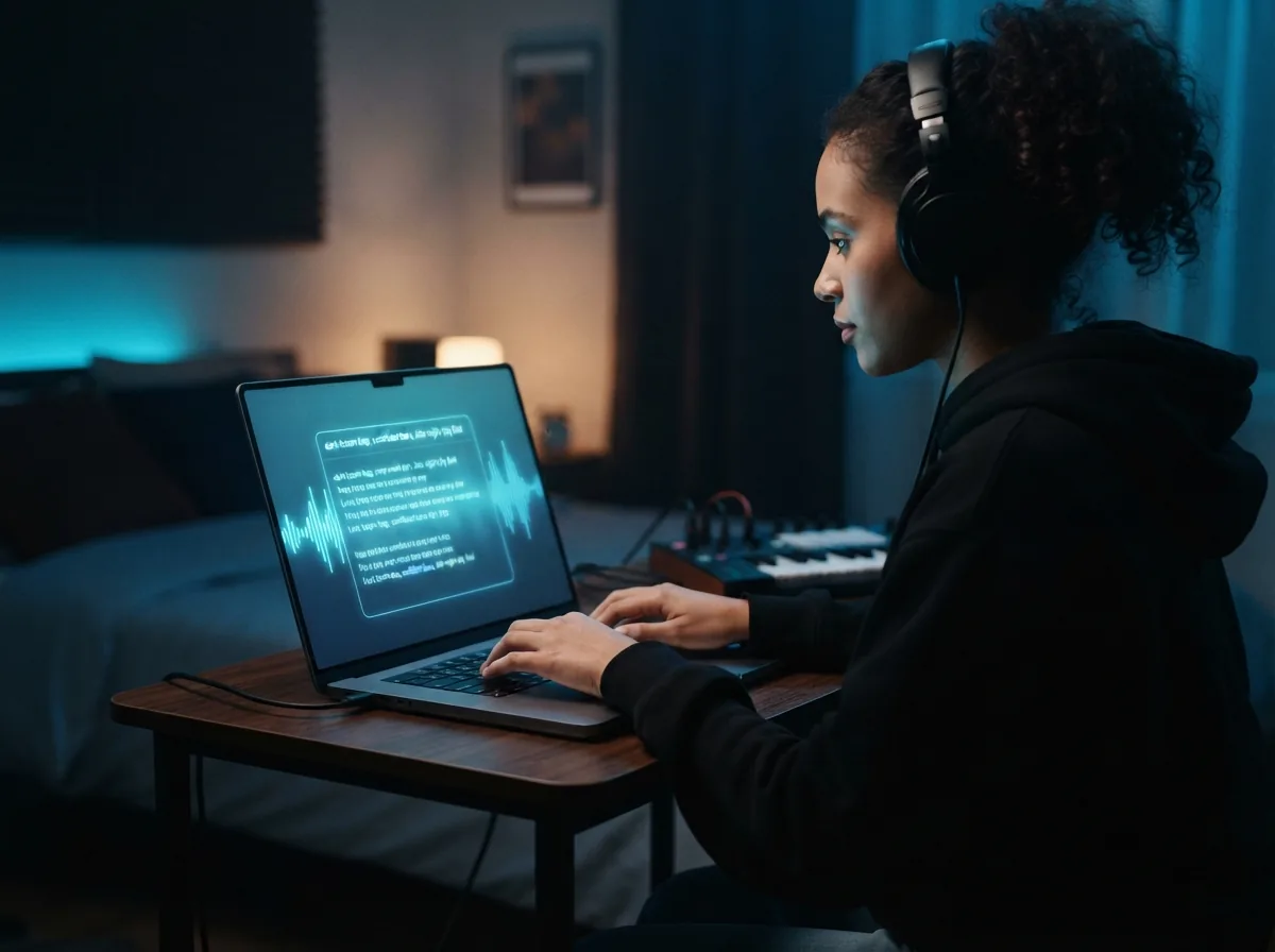 Maya typing a hip hop music prompt and lyrics on her laptop
