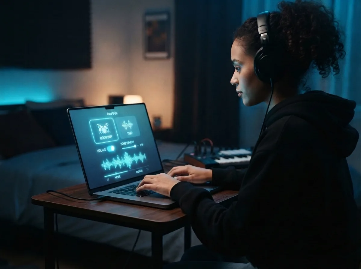 Maya selecting hip hop beat style and vocal settings while the music loads