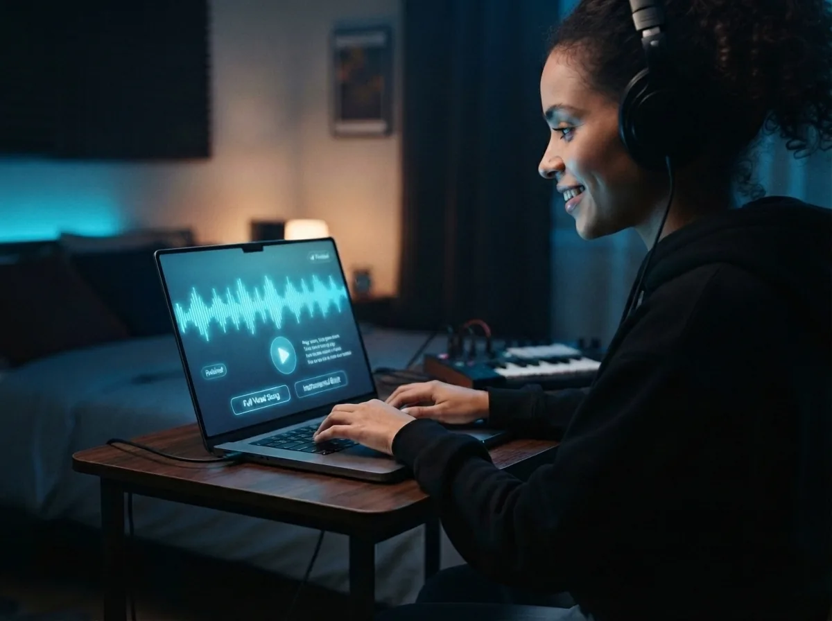 Maya previewing and downloading her finished hip hop song on her laptop