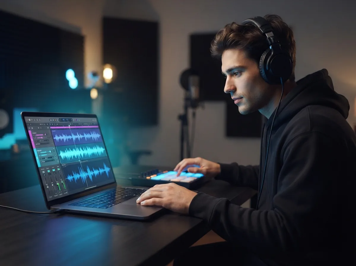 Person using a laptop to create hip hop music from a text prompt