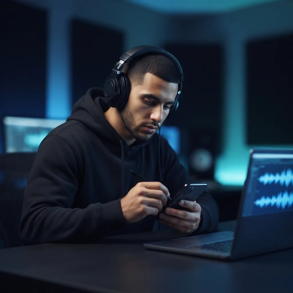 Rapper using a phone and laptop to create a hip hop song