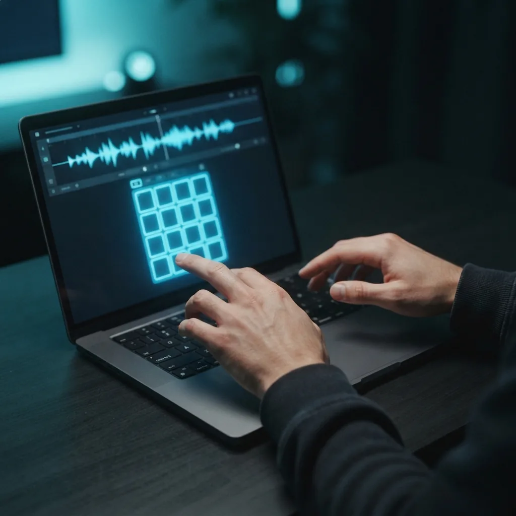 Casual music creator trying a hip hop beat idea on a laptop