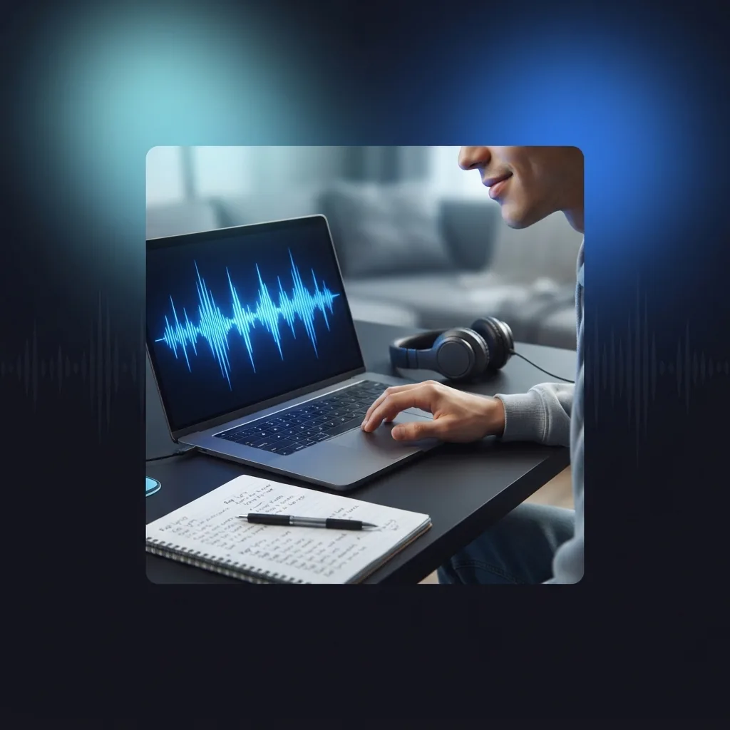 Songwriter turning written rap lyrics into music on a laptop