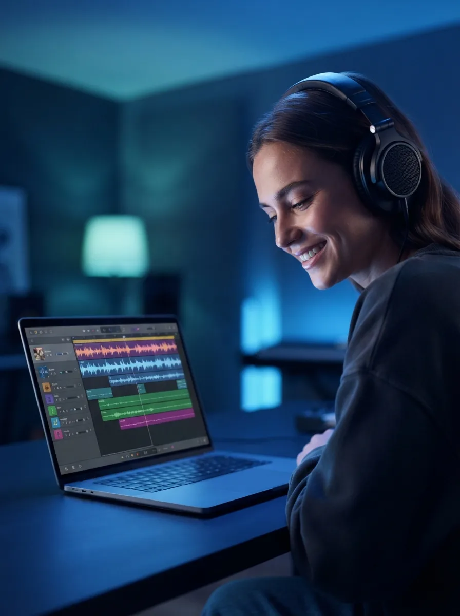 Finished house song on laptop with blue waveform glow
