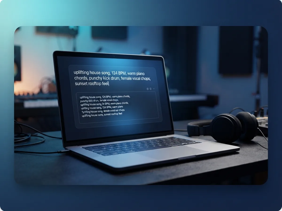 Person typing a house music prompt on a laptop