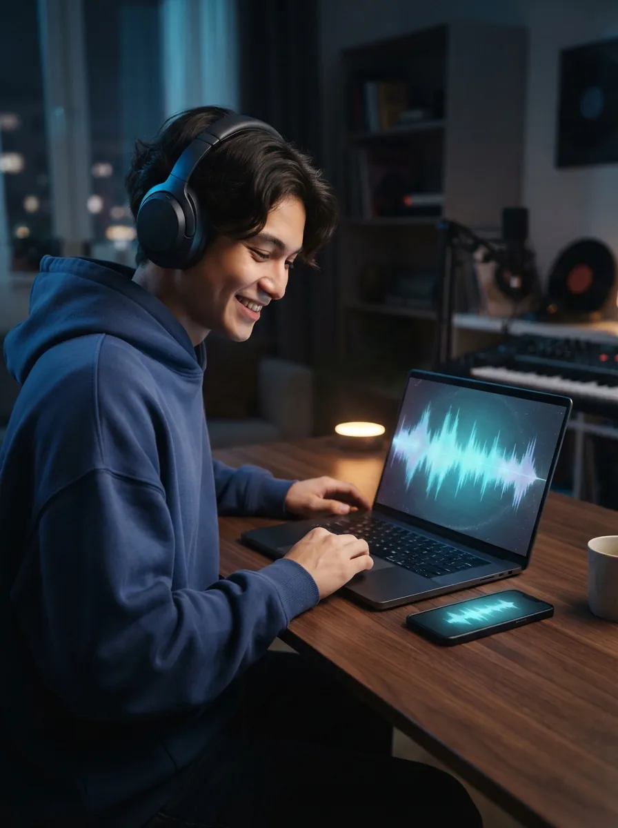 Person previewing a finished lo-fi song on laptop