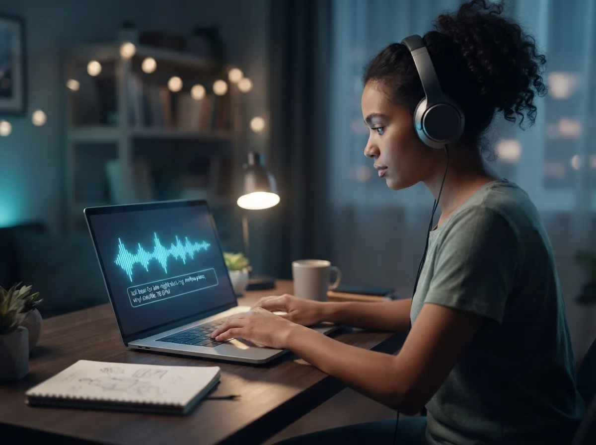 Maya typing a lofi music prompt on her laptop at a bedroom desk