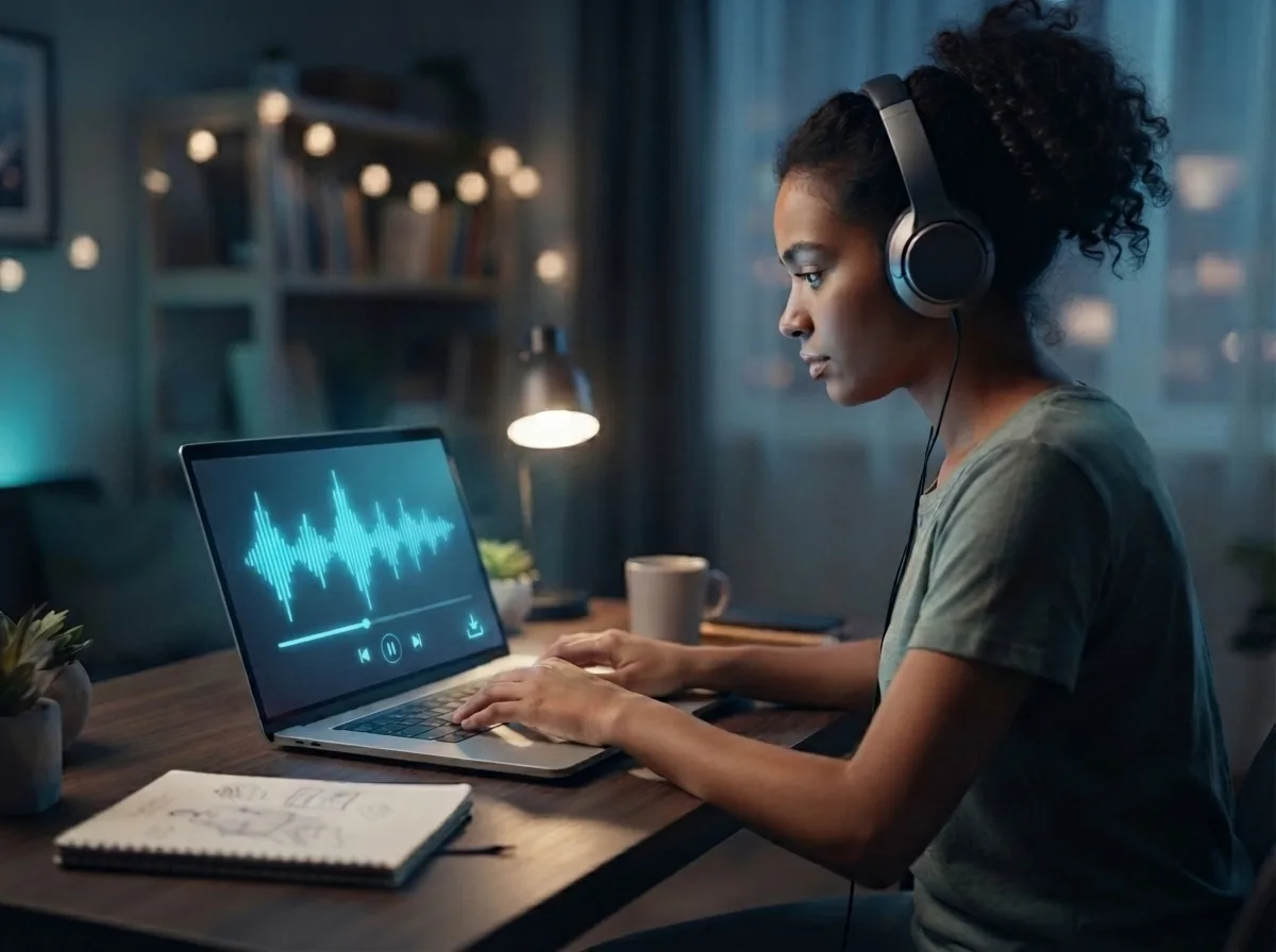 Maya listening to and downloading her finished lofi music file