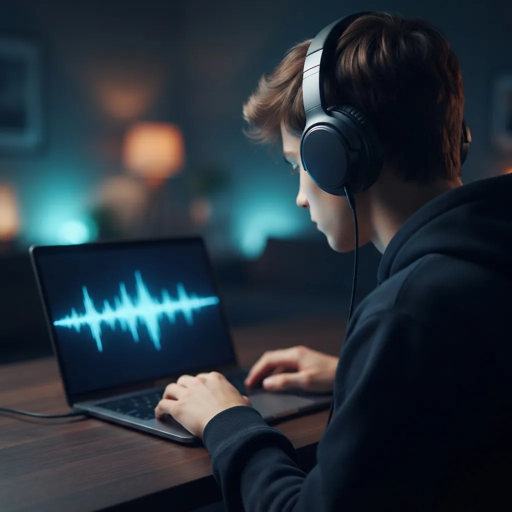 Student making lofi study music on a laptop with headphones