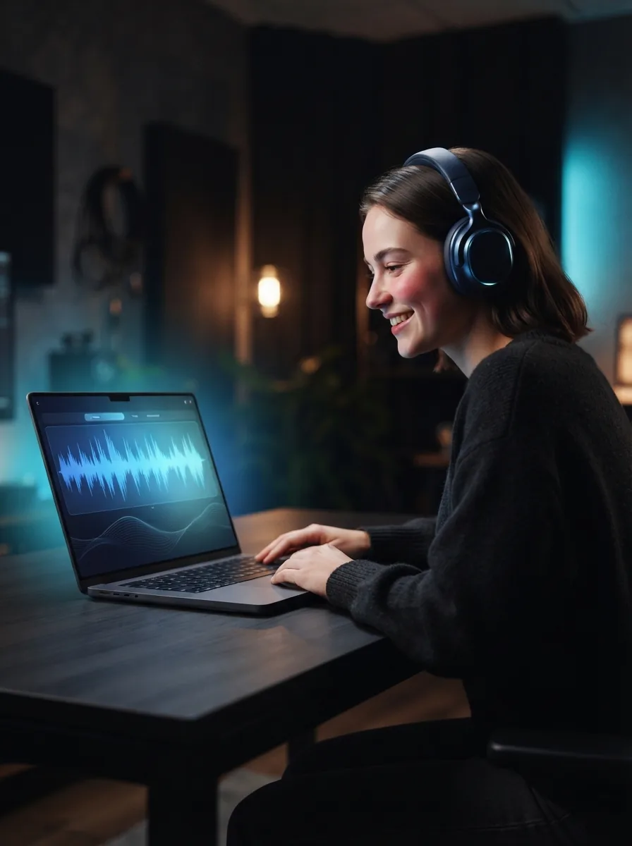 Person finishing a song with vocals in a glowing blue music creator interface