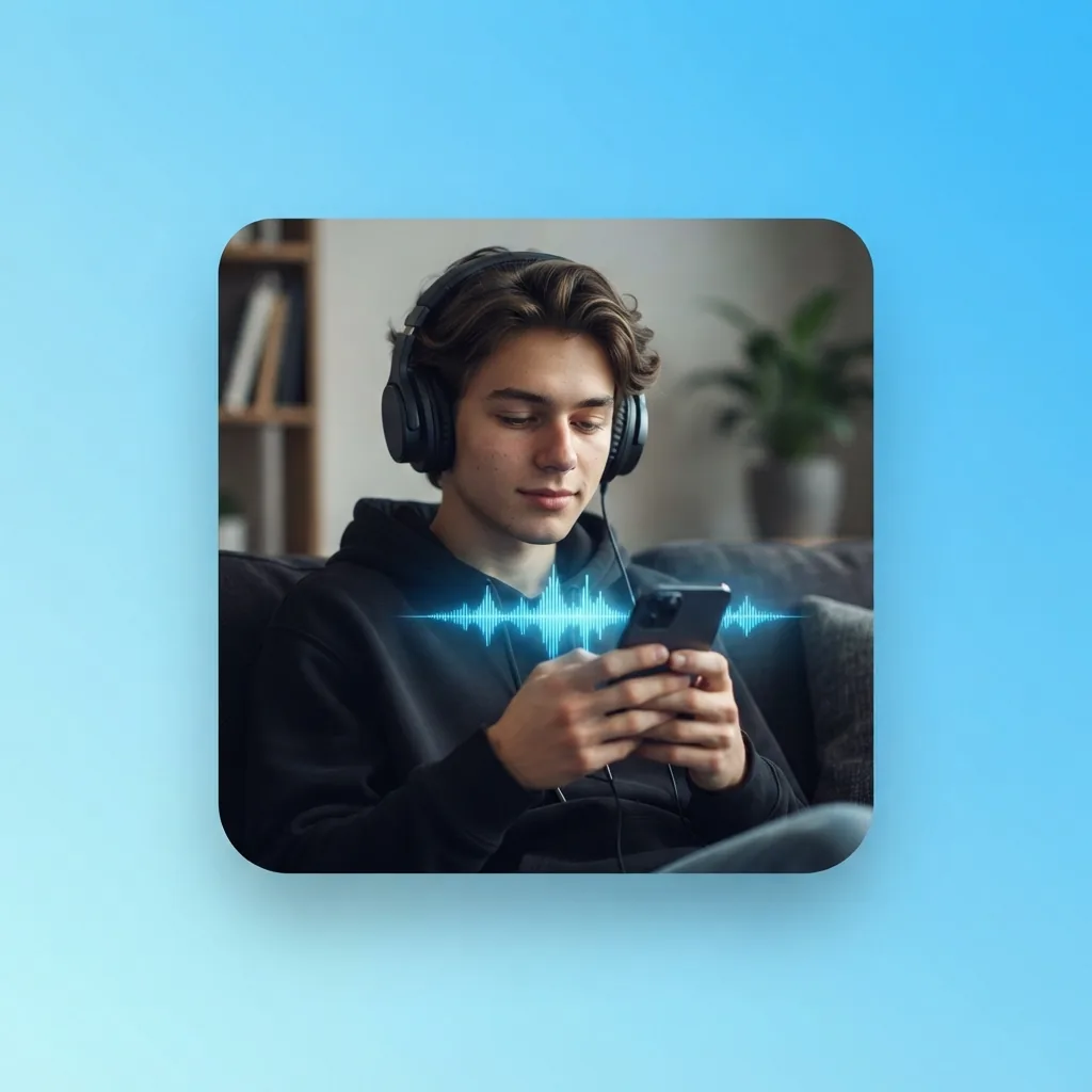 Music fan using a phone and headphones to try AI music ideas at home