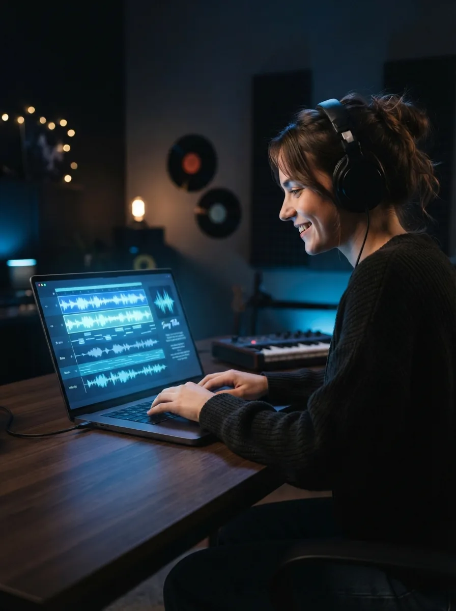 Person finishing a polished AI song on a laptop with glowing blue waveform controls