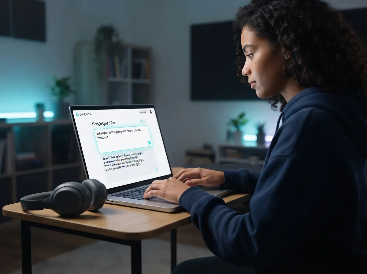 Maya typing a music prompt into Google Lyria 3 Pro on a laptop in a dim bedroom studio