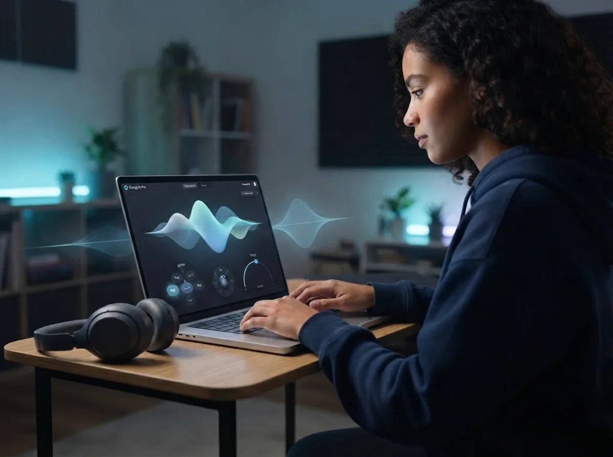 Maya adjusting style and tempo settings for a song in Google Lyria 3 Pro on her laptop