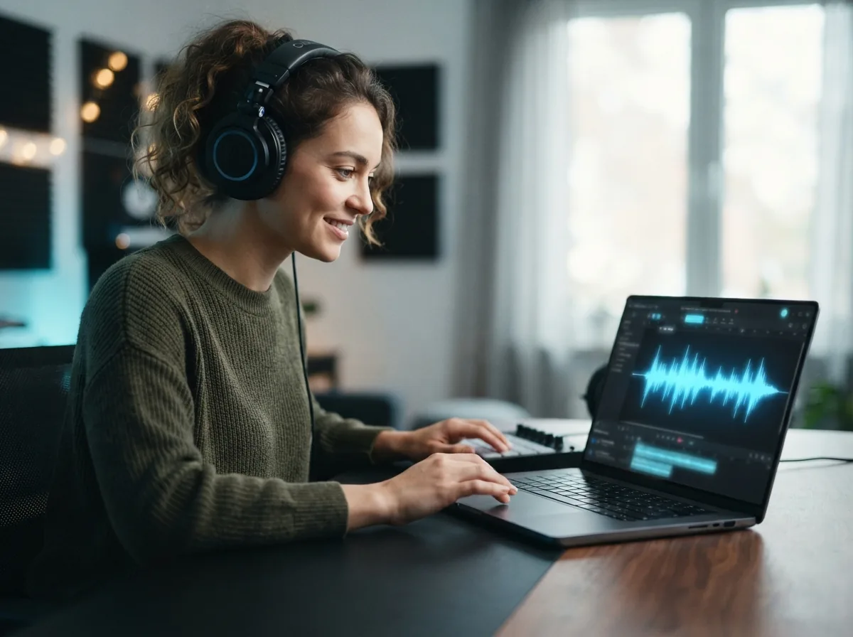 Person previewing a structured AI music arrangement on a laptop