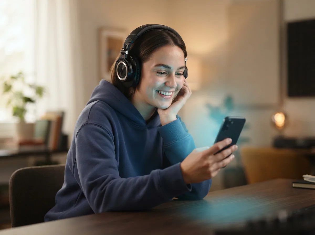 Person listening to polished AI music through headphones