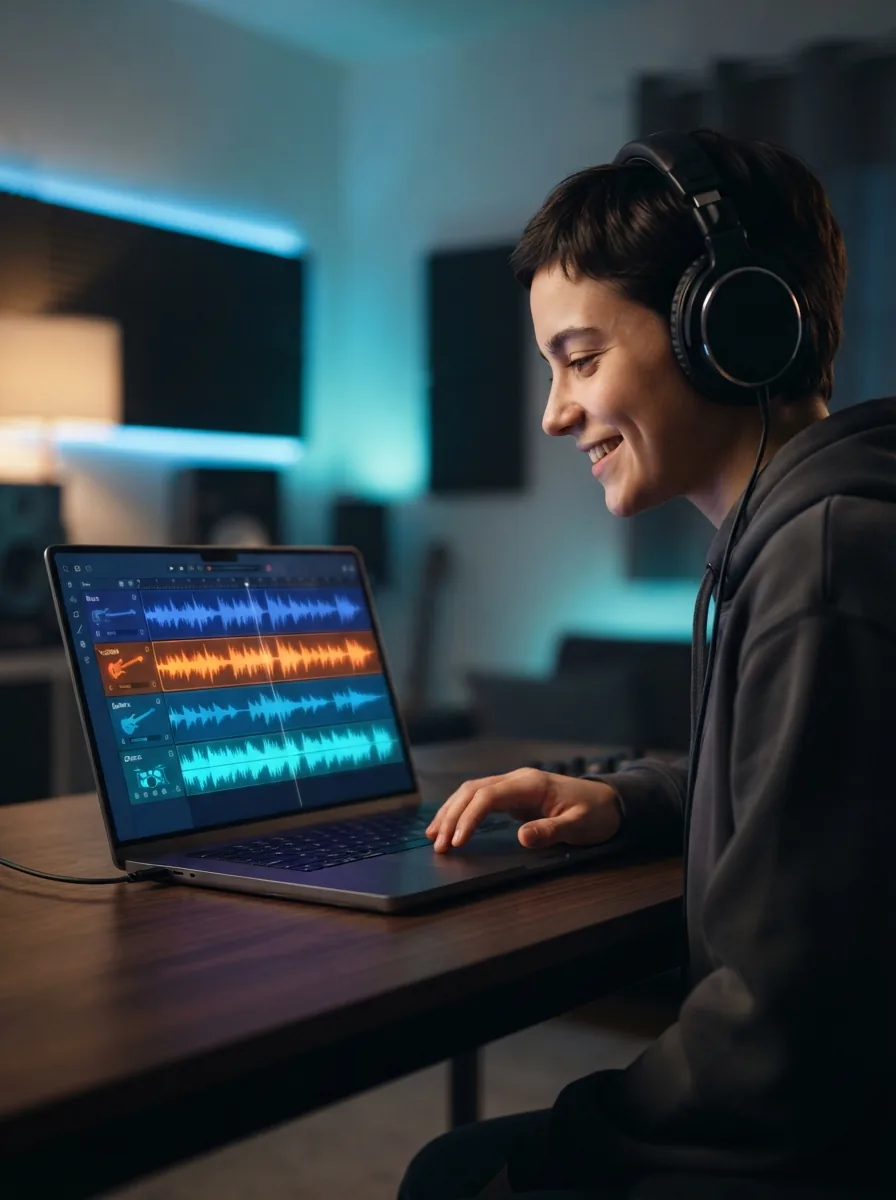 Person finishing a custom metal song on a laptop with glowing blue music controls