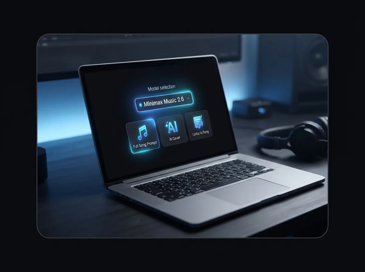 Maya opening Minimax Music 2.6 on her laptop at a bedroom desk