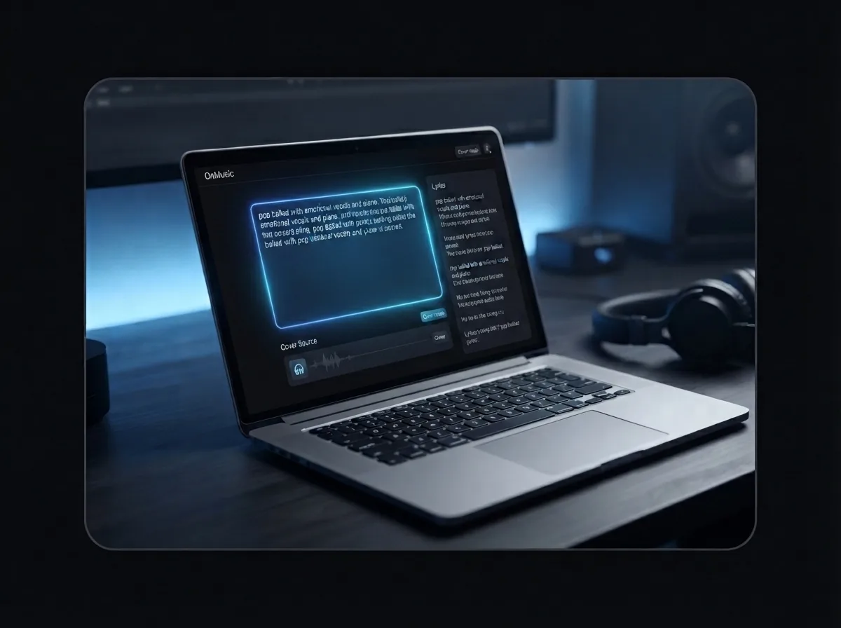 Maya adding a music prompt and lyrics on her laptop in the same bedroom setup