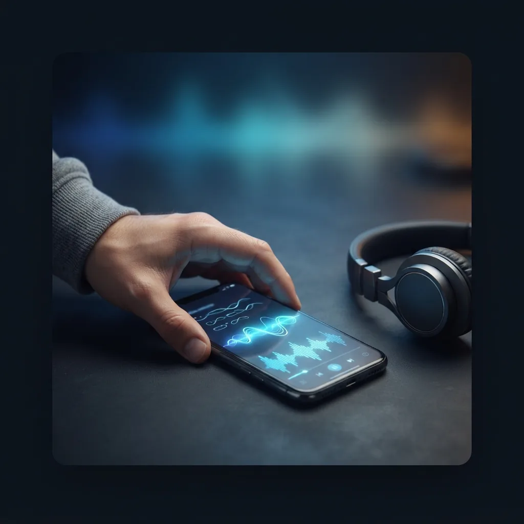 Person turning written lyrics into a finished song with a glowing blue music interface